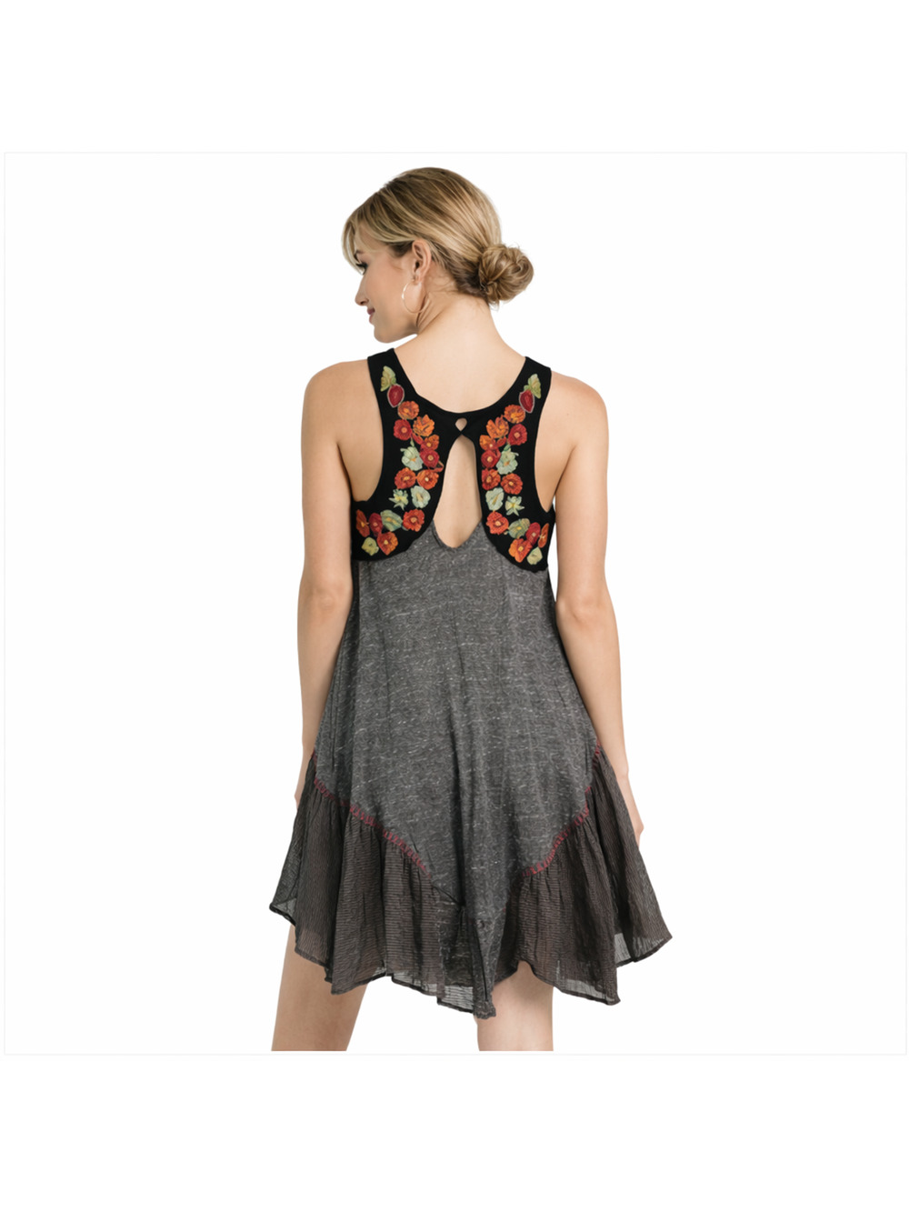 Free People Mixed Media Mini Dress XS Gray Boho Embroidered Handkerchief Hem